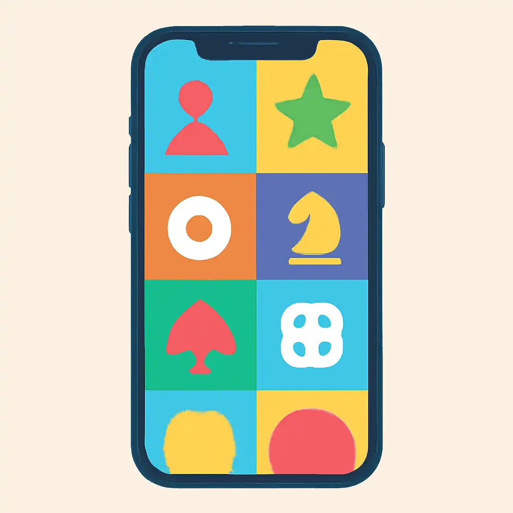 Smartphone shown from the front displaying a colourful flat layout of abstract game icons and rounded tiles (no text, no letters, no labels), Daman Club