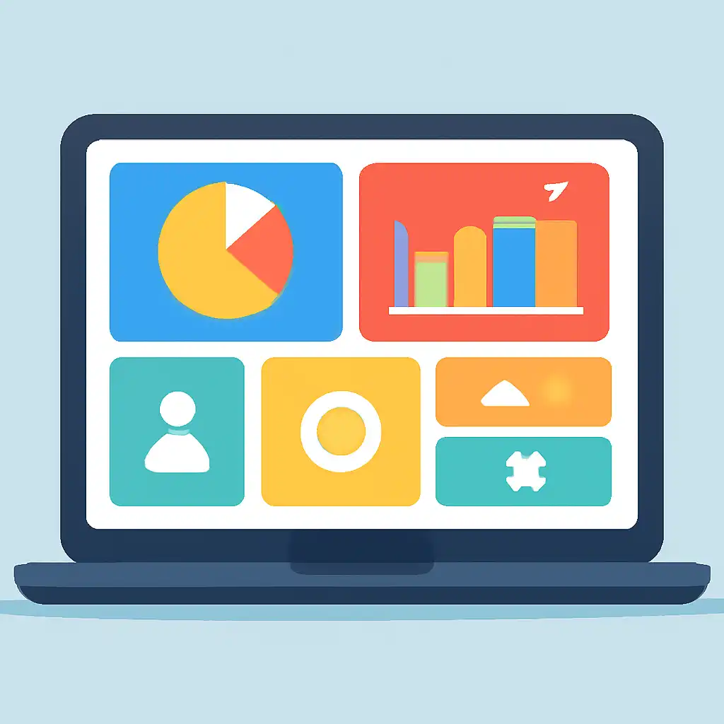 Laptop shown from the front displaying a colourful flat dashboard of abstract charts, bars and icon tiles (no text, no letters, no labels), Daman Club