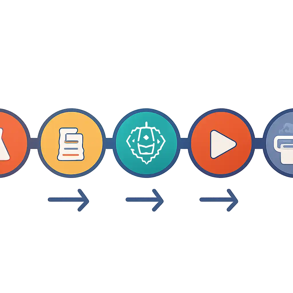 Five numbered circular icons connected by arrows in a horizontal flow, flat illustration, icons only, no words, Daman Club steps